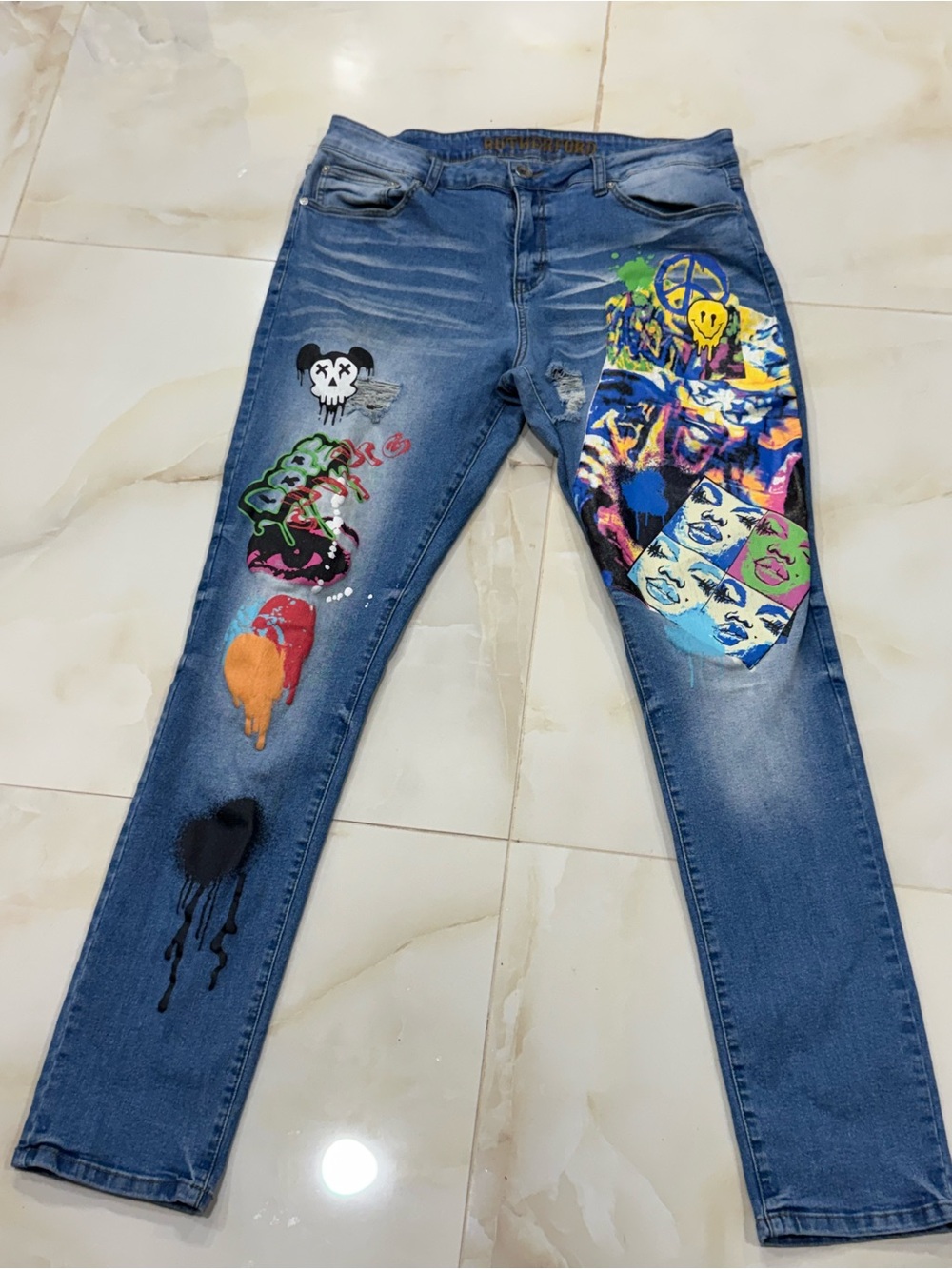 Paint-Splatter Skinny Men's Jeans in Blue